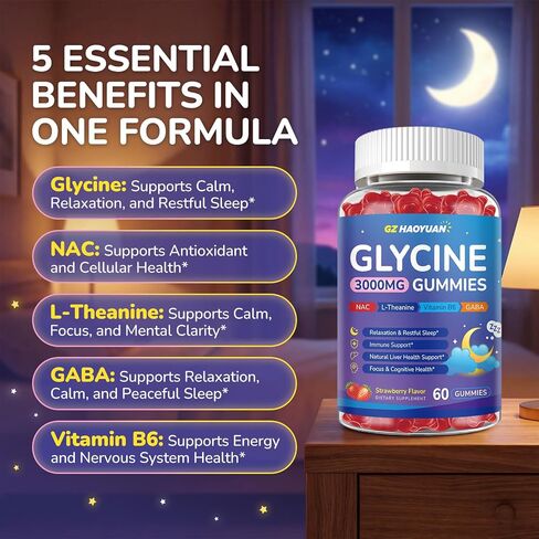 Glycine Gummies, Glycine 3g Supplements with NAC, L-Theanine, GABA, for Sleep, Relax, Nerve & Brain Support, Sugar Free, Vegan, Strawberr Flavor, 60 Cts in Saudi Arabia