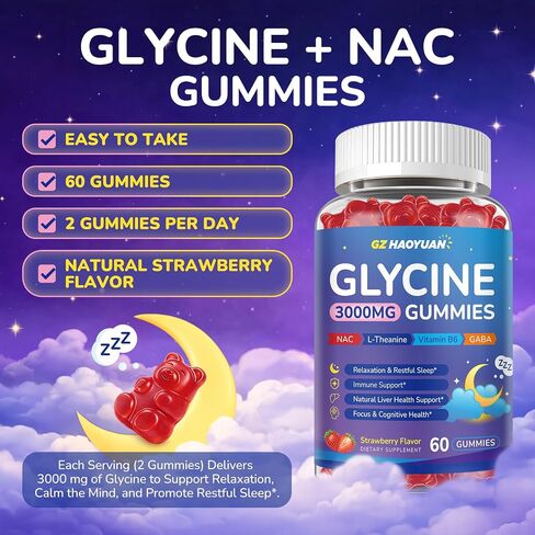 Glycine Gummies, Glycine 3g Supplements with NAC, L-Theanine, GABA, for Sleep, Relax, Nerve & Brain Support, Sugar Free, Vegan, Strawberr Flavor, 60 Cts in Saudi Arabia