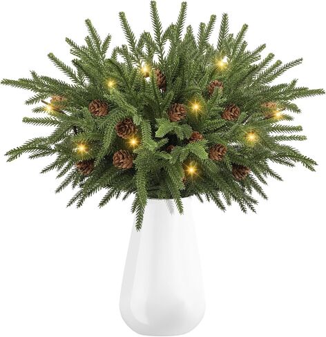 Dapclca Christmas Norfolk Pine Branches with Warm Light, Artificial Xmas Greenery Leaves Stems and Tree Branches for DIY Garlands, Wreaths, Crafts, Holiday and Home Centerpiece Table Decorations in Saudi Arabia