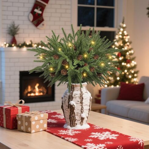 Dapclca Christmas Norfolk Pine Branches with Warm Light, Artificial Xmas Greenery Leaves Stems and Tree Branches for DIY Garlands, Wreaths, Crafts, Holiday and Home Centerpiece Table Decorations in Saudi Arabia