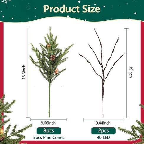 Dapclca Christmas Norfolk Pine Branches with Warm Light, Artificial Xmas Greenery Leaves Stems and Tree Branches for DIY Garlands, Wreaths, Crafts, Holiday and Home Centerpiece Table Decorations in Saudi Arabia