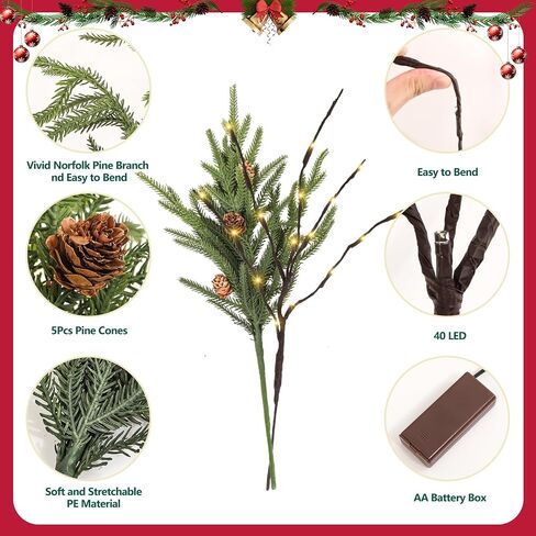 Dapclca Christmas Norfolk Pine Branches with Warm Light, Artificial Xmas Greenery Leaves Stems and Tree Branches for DIY Garlands, Wreaths, Crafts, Holiday and Home Centerpiece Table Decorations in Saudi Arabia