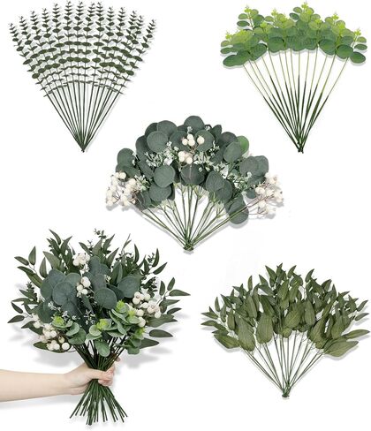 60 Pcs Mixed Artificial Eucalyptus Leaves Stems Bulk, 5Kinds Fake Greenery Silver Dollar Leaves Dried Eucalyptus Bundle with White Seeds Berry for DIY Bouquets Floral Arrangement Wedding Vase in Saudi Arabia