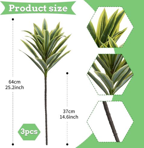3PCS Dracaena Artificial Plant,25" Realistic Fake Greenery Plants with Branches,Faux Agave Plant Stems for Vases for Decoration,UV Resistant Artificial Greenery Plant Decor for Indoor Outdoor in Saudi Arabia