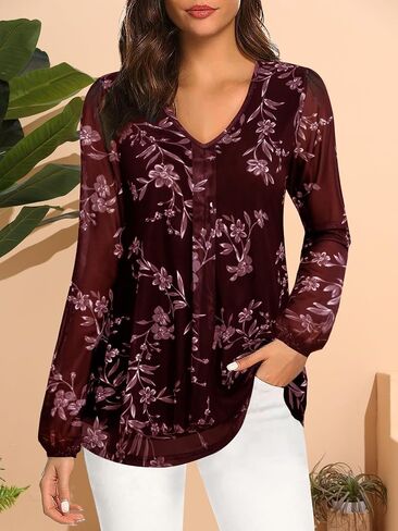 Women's Long Sleeve Tunic Tops Casual Loose Fit Floral Blouses Mesh Pleated Layered Shirt S-XXL in Kuwait