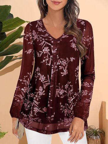 Women's Long Sleeve Tunic Tops Casual Loose Fit Floral Blouses Mesh Pleated Layered Shirt S-XXL in Kuwait