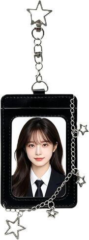 حامل بطاقات الصور K-pop تصميم نجمة مع سلسلة معدنية، حافظة بطاقات صور من الأكريليك الأسود لبطاقة الهوية وبطاقة الائتمان، ملحقات ألبوم Kpop اللطيفة للحقائب والمفاتيح وحقائب الظهر in Kuwait