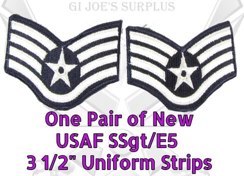 1 Pair New Military USAF Air Force SSgt E5 Uniform Chevrons Stripes Rank 3 1/2" Staff Sergeant E3 in Kuwait