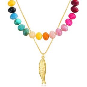 Chunky Colorful Beaded Necklace for Women Trendy Multicolor Pebble-shaped Beads Choker Gold Pendant Boho Layered Necklace Statement Summer Jewelry in Saudi Arabia