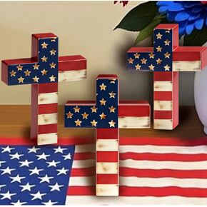 3Pcs Wooden American Flag Cross Decor, Rustic Patriotic Christian Decor, 4th of July Tiered Tray Decor, Farmhouse Religious Cross for Home, Church, Tabletop, Christian Gift in Saudi Arabia