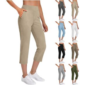 Women's High Waist Tummy Control Yoga Capri Pants Casual Petite Stretch Straight with Pockets Summer Jogging in Kuwait