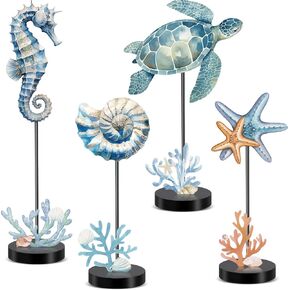 4 Pcs Summer Ocean Table Decor 3D Standing Sea Turtle, Starfish, Conch, Seahorse Wooden Block Signs Rustic Coastal Beach Nautical Decoration for Tiered Tray, Office, Home, Kitchen Centerpiece in Saudi Arabia