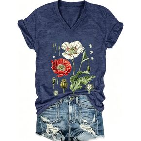 PUCKOLITY Vintage Flowers V Neck Shirt for Women Boho Floral Wildflowers Graphic Tee Casual Summer Tee Tops in Saudi Arabia