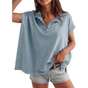 Haellun Oversized Polo Shirt for Women Casual Summer Tee Tops Cap Sleeve Collared Cotton Shirts in Saudi Arabia