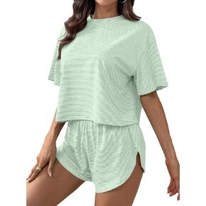 Remidoo Womens Split Short Pajama Set Striped Tee Shirts and Shorts 2 Piece Slit Pj Sets Loungewear in Kuwait