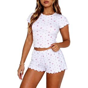 Cute 2 Piece Pajama Sets for Women Short Sleeve Floral Graphic Button Shirt and Short Pjs Summer Sleepwear Lounge Set in Saudi Arabia