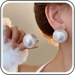 Vintage Big Pearl Stud Earrings Oversize White Simulated Pearl Earrings Large Round Ball Bead Pearls Studs Bridal Wedding Jewelry for Women in Saudi Arabia