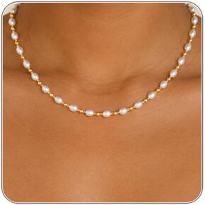 Pearl Necklaces for Women Trendy, Dainty Beaded Choker Necklace, 14K Gold Plated Station Chain, Simple Layering Wedding Prom Jewelry Gift in Saudi Arabia