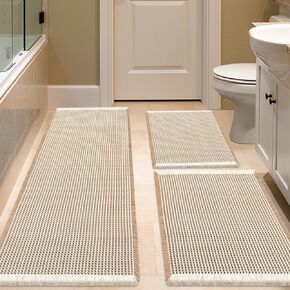 IM HOME Waffle Bath Mat Set 3 Piece Brown & Cream,Woven Modern Bath Rug Mats, Absorbent Non Slip Bath Floor Mat, Soft Washable Boho Bath Rugs with Tassels for Bathroom, Bedroom, Kitchen, Tub in Saudi Arabia