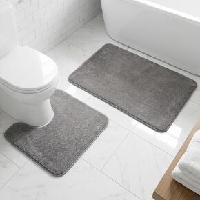 Muddy Mat® CloudStep Bathroom Rugs 2 Piece Set, Non Slip Bath Mats for Bathroom, Absorbent Memory Foam Chenille, Machine Washable Quick Dry Toilet Rug Set, Grey 20"x30" + 20"x20" U-Shaped in Saudi Arabia