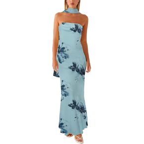 Women Floral Tube Maxi Dress with Scarf Sexy Strapless Backless Long Bodycon Dresses Party Cocktail Sundress in Saudi Arabia