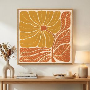Framed Boho Abstract Floral Wall Art for Living Room, Square Orange Flower Canvas Artwork for Walls, Mid Century Modern Bohemian Pictures Wall Decor for Bedroom Dining Room Hallway Office, 24x24 Inch in Saudi Arabia