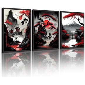 3Pcs Japanese Wall Art Japanese Landscape Wall Decor Pictures Red and Black Cherry Blossom Trees Building Canvas Posters Prints for Living Room Bedroom Home Decoration 12x16in Unframed in Saudi Arabia