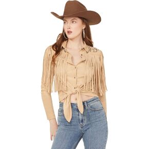 Idyllwind Women's Women's McKinney Faux Suede Long Sleeve Fringe Top - IWSP25K93-KHK Medium US Khaki in Saudi Arabia