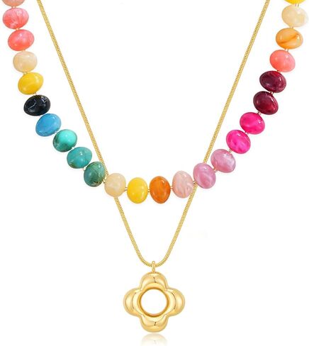 Chunky Colorful Beaded Necklace for Women Trendy Multicolor Pebble-shaped Beads Choker Gold Pendant Boho Layered Necklace Statement Summer Jewelry in Saudi Arabia