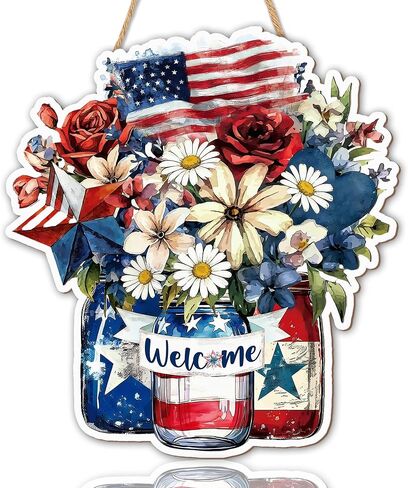 250 Years 4th Of July Welcome Hanging Decorations Door Wreath For Front Door Sign Patriotic Sunflower Wall Signs, Independence Day Patriotic Day Memorial Day Hanging For Home Wall Porch Decor-A04 in Kuwait