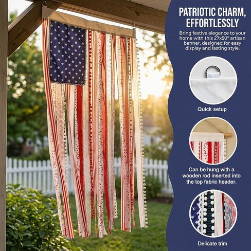 4th of July Decorations 4 x 2.3 FT Vintage Rag American Flag Banner Hanging Fourth of July Banner Patriotic Independence Day Accessories for 250th Anniversary Celebration Indoor Outdoor Decoration in Kuwait