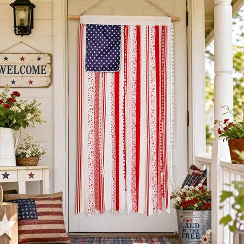 4th of July Decorations 4 x 2.3 FT Vintage Rag American Flag Banner Hanging Fourth of July Banner Patriotic Independence Day Accessories for 250th Anniversary Celebration Indoor Outdoor Decoration in Kuwait