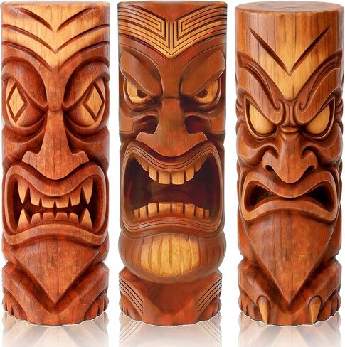 GELUOBEN 3 Pcs Tiki Decorations - 16.1 inch Large Wooden Tiki Masks Wall Art,Hawaiian Luau Party Decor,Polynesian Tiki Hut Decor for Home Bar Indoor Outdoor Tropical Survival Theme Party Supplies in Saudi Arabia