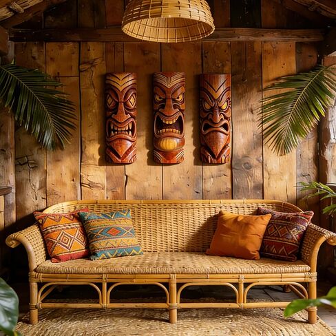 GELUOBEN 3 Pcs Tiki Decorations - 16.1 inch Large Wooden Tiki Masks Wall Art,Hawaiian Luau Party Decor,Polynesian Tiki Hut Decor for Home Bar Indoor Outdoor Tropical Survival Theme Party Supplies in Saudi Arabia