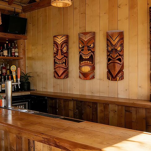 GELUOBEN 3 Pcs Tiki Decorations - 16.1 inch Large Wooden Tiki Masks Wall Art,Hawaiian Luau Party Decor,Polynesian Tiki Hut Decor for Home Bar Indoor Outdoor Tropical Survival Theme Party Supplies in Saudi Arabia