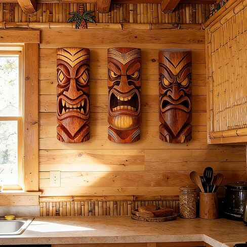GELUOBEN 3 Pcs Tiki Decorations - 16.1 inch Large Wooden Tiki Masks Wall Art,Hawaiian Luau Party Decor,Polynesian Tiki Hut Decor for Home Bar Indoor Outdoor Tropical Survival Theme Party Supplies in Saudi Arabia