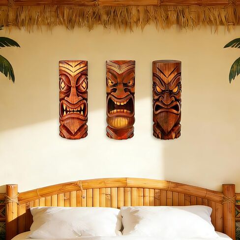 GELUOBEN 3 Pcs Tiki Decorations - 16.1 inch Large Wooden Tiki Masks Wall Art,Hawaiian Luau Party Decor,Polynesian Tiki Hut Decor for Home Bar Indoor Outdoor Tropical Survival Theme Party Supplies in Saudi Arabia