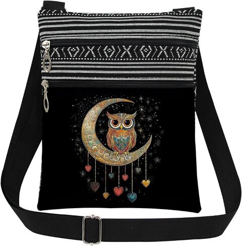 Owl Moon Print Women Crossbody Bag Starry Sky with Owl Heart Adjustable Strap Messenger Bag Daily Use Zipper Purse Travel Wallet Birthday Christmas Gift for Friend Adults in Saudi Arabia