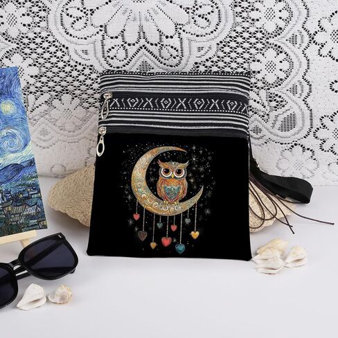 Owl Moon Print Women Crossbody Bag Starry Sky with Owl Heart Adjustable Strap Messenger Bag Daily Use Zipper Purse Travel Wallet Birthday Christmas Gift for Friend Adults in Saudi Arabia