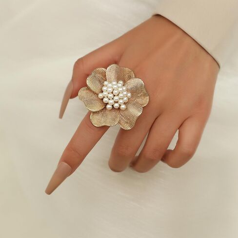 Vintage CZ Flower Pearl Large Ring for Women Elegant Gold-Toned Adjustable Open Stacking Cluster Pearls Finger Band Rings Wedding Party Fashion Jewelry in Saudi Arabia