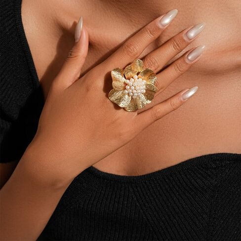 Vintage CZ Flower Pearl Large Ring for Women Elegant Gold-Toned Adjustable Open Stacking Cluster Pearls Finger Band Rings Wedding Party Fashion Jewelry in Saudi Arabia