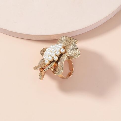 Vintage CZ Flower Pearl Large Ring for Women Elegant Gold-Toned Adjustable Open Stacking Cluster Pearls Finger Band Rings Wedding Party Fashion Jewelry in Saudi Arabia