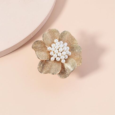 Vintage CZ Flower Pearl Large Ring for Women Elegant Gold-Toned Adjustable Open Stacking Cluster Pearls Finger Band Rings Wedding Party Fashion Jewelry in Saudi Arabia