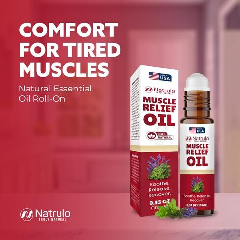 Muscle Relief Oil Roll-On – Cooling Essential Oil Roll On for Tired Joints, Muscles, Neck, Back, Shoulders & Feet – Peppermint, Lavender & Marjoram Massage Oil – Post Workout Muscle Rub – Made in USA in Kuwait