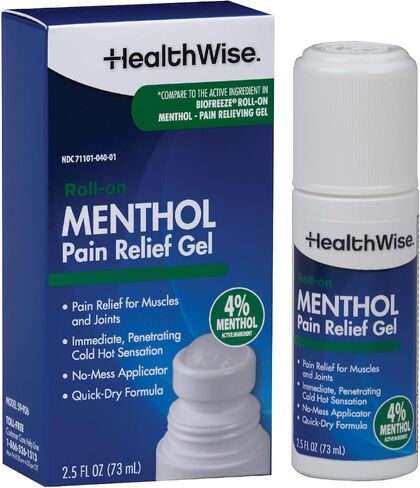 HealthWise 4% Menthol Roll-On | Cold Hot Sensation | Pain Relief Gel | 2.5 oz. 73 mL | Non-Greasy Formula | Topical Analgesic in Kuwait