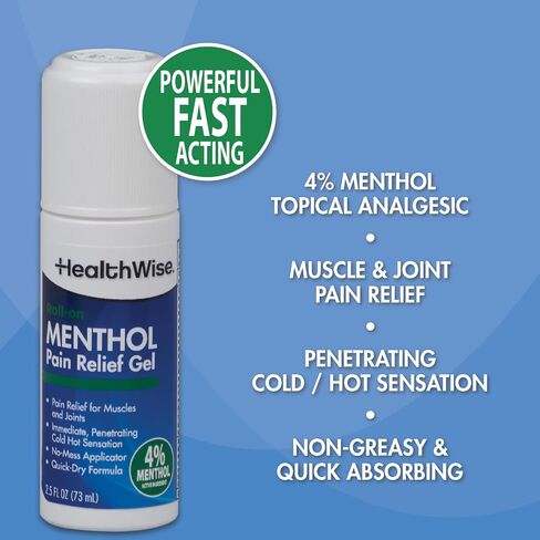 HealthWise 4% Menthol Roll-On | Cold Hot Sensation | Pain Relief Gel | 2.5 oz. 73 mL | Non-Greasy Formula | Topical Analgesic in Kuwait