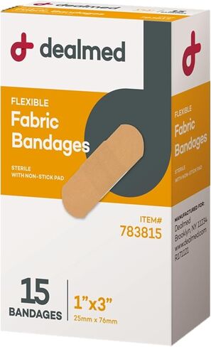 Dealmed Sterile Flexible Fabric Adhesive Bandages – 1x3 Inch (15 ct.) Breathable First Aid Strip Pack - Soft Stretch Wound Patch for Medical, Emergency Kits & Clinic, 15/Box (Pack of 1) in Kuwait