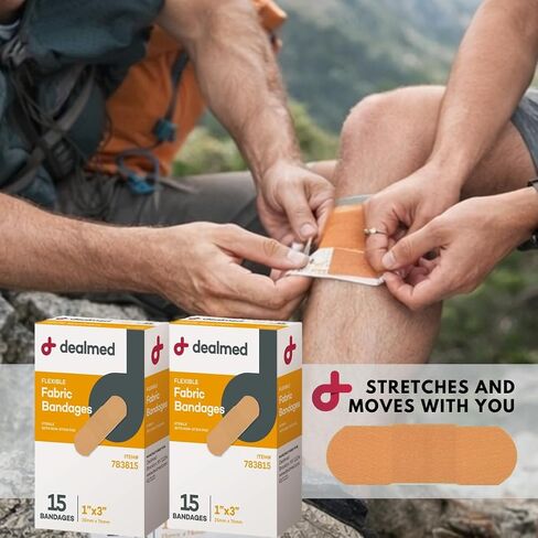 Dealmed Sterile Flexible Fabric Adhesive Bandages – 1x3 Inch (15 ct.) Breathable First Aid Strip Pack - Soft Stretch Wound Patch for Medical, Emergency Kits & Clinic, 15/Box (Pack of 1) in Kuwait