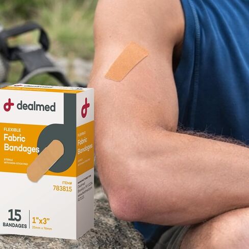 Dealmed Sterile Flexible Fabric Adhesive Bandages – 1x3 Inch (15 ct.) Breathable First Aid Strip Pack - Soft Stretch Wound Patch for Medical, Emergency Kits & Clinic, 15/Box (Pack of 1) in Kuwait