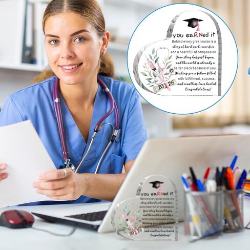 Lewtemi ممرضة هدية التخرج 2026 ممرضة مسجلة RN الهدايا محفورة الاكريليك حصل عليها علامة RN هدية التقدير RN هدية القلب التخرج الجدول المركزية تذكارات الديكور وزن الورق in Kuwait